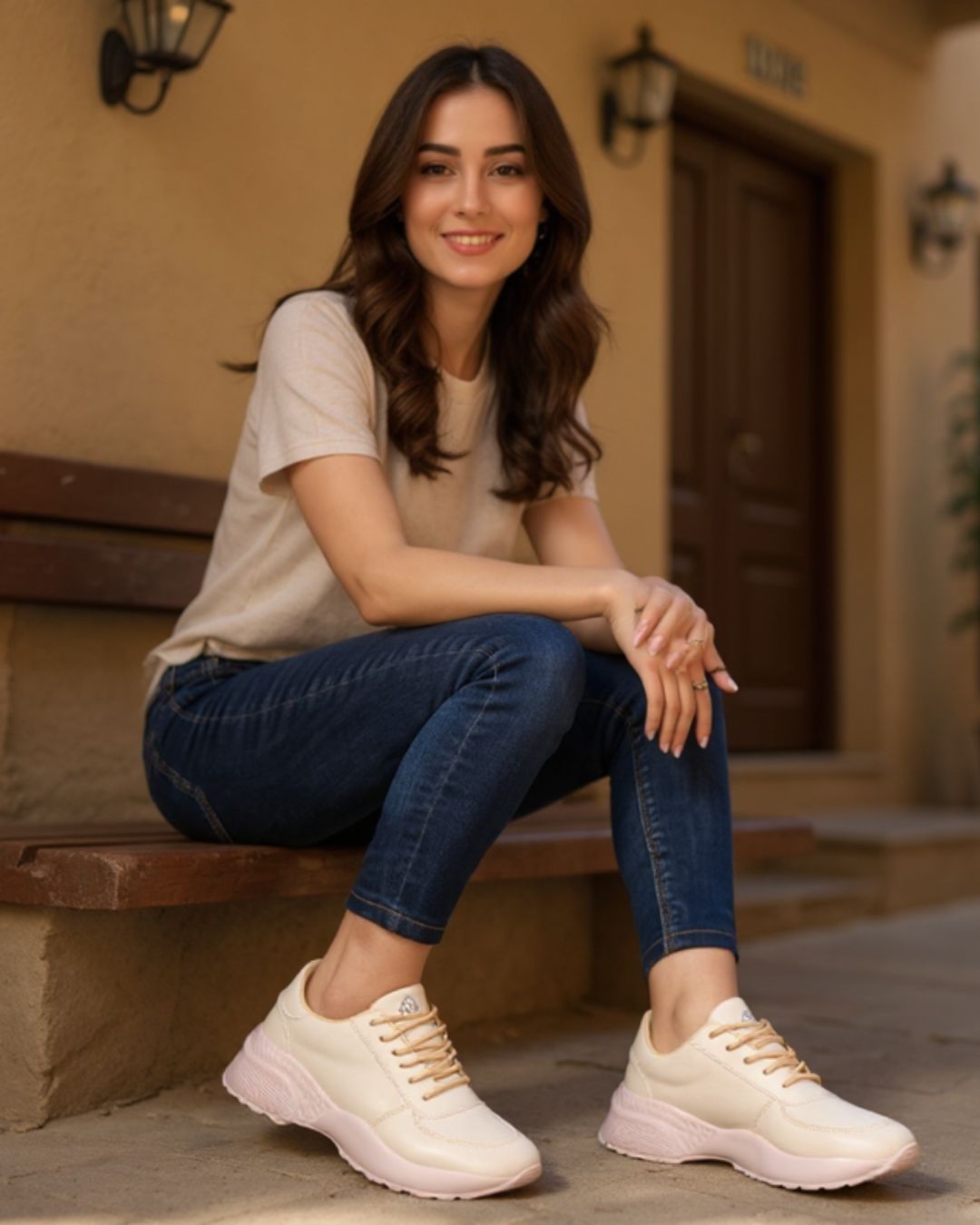 Woman sitting on a bench wearing a light-colored top, dark jeans, and white sneakers.