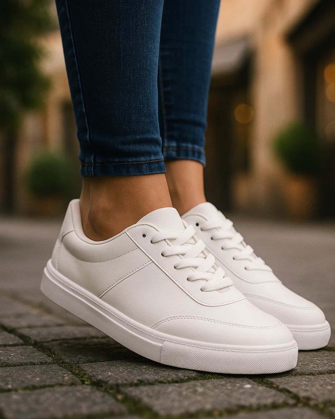 White sneakers worn with blue jeans on a blurred outdoor background