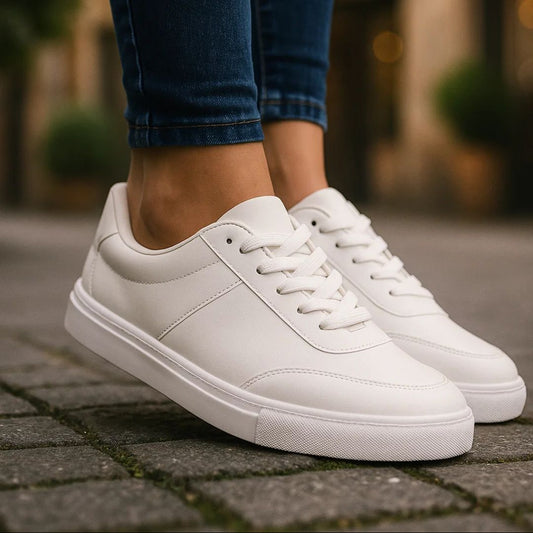 White sneakers worn with blue jeans on a blurred outdoor background