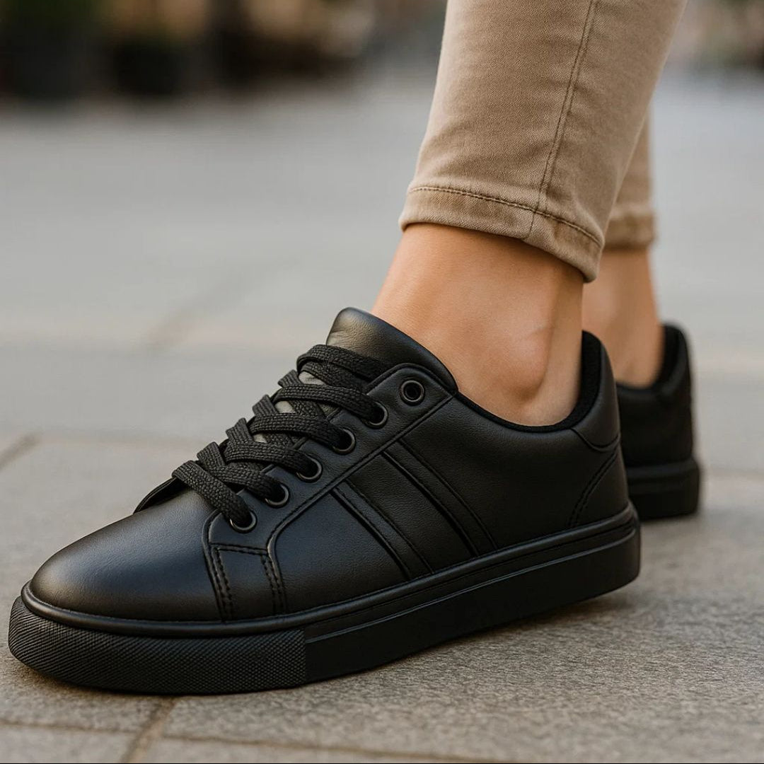 Black sneakers worn with beige pants on a blurred outdoor background