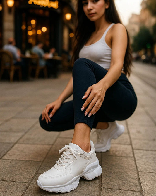 Woman wearing white sneakers on a city street