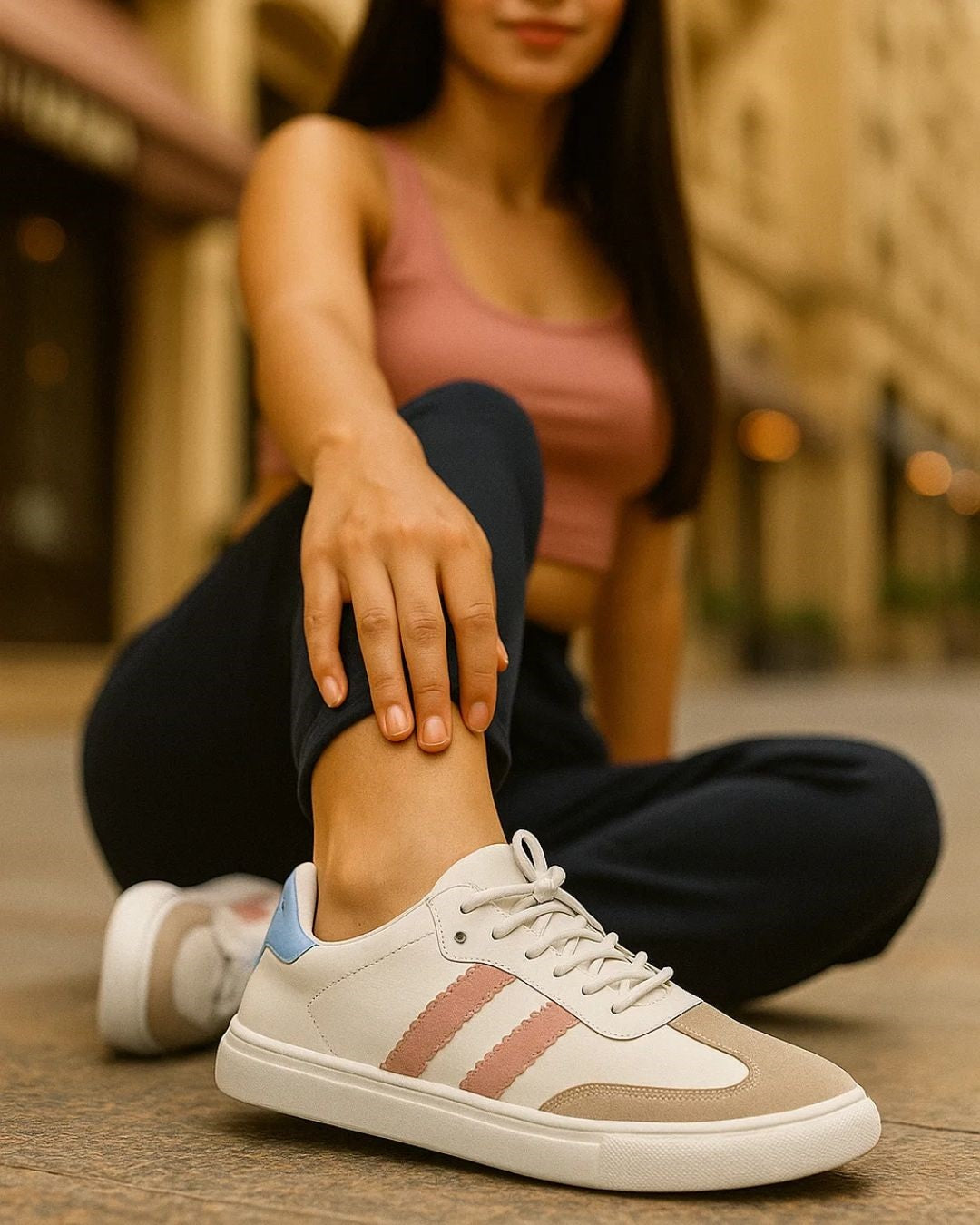 Person wearing a white sneaker with pink stripes sitting on a street.