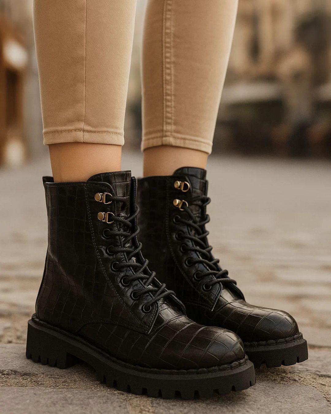 Black lace-up boots worn with beige pants on a blurred background