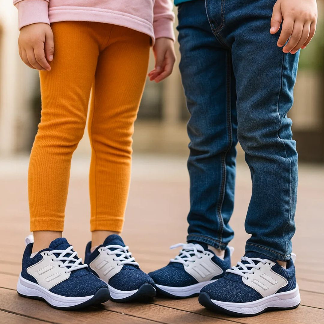Two children wearing blue sneakers on a wooden floor.