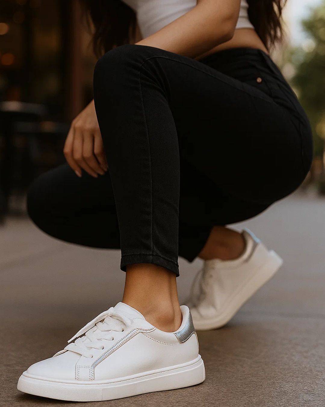 Person wearing black pants and white sneakers sitting on a street.