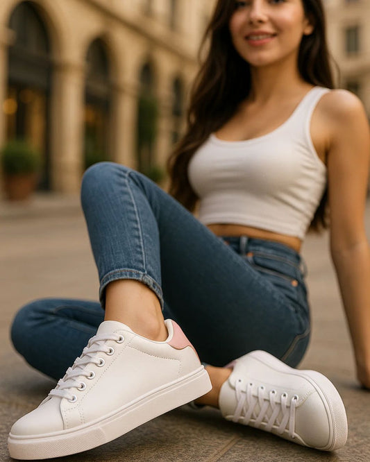 Woman wearing white sneakers and blue jeans sitting on a street.