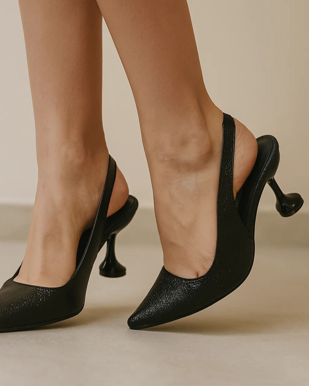 Black high-heeled shoes worn by a person on a neutral background
