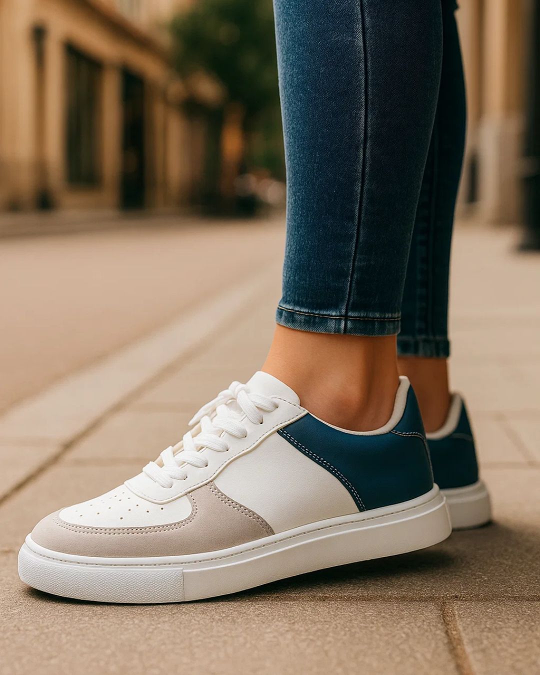 White and blue sneakers worn with blue jeans on a blurred street background
