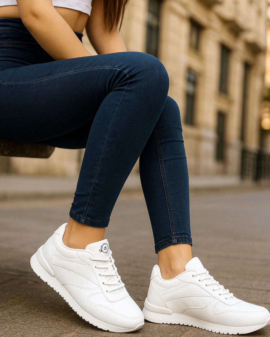 Person wearing white sneakers and dark jeans sitting on a bench with a blurred building background