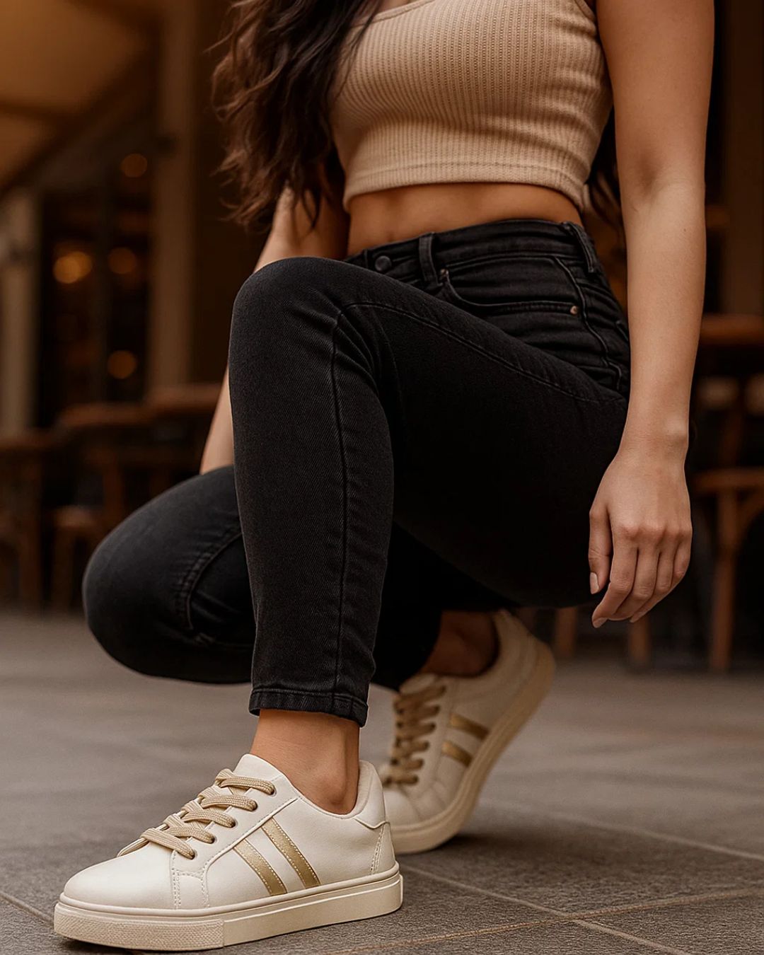 Person wearing white sneakers with gold stripes and black pants in an outdoor setting.