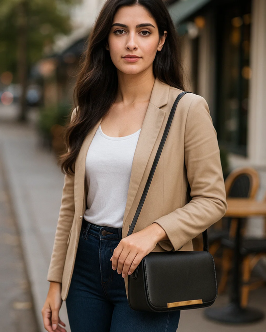 Woman in a beige blazer holding a black handbag on a street.