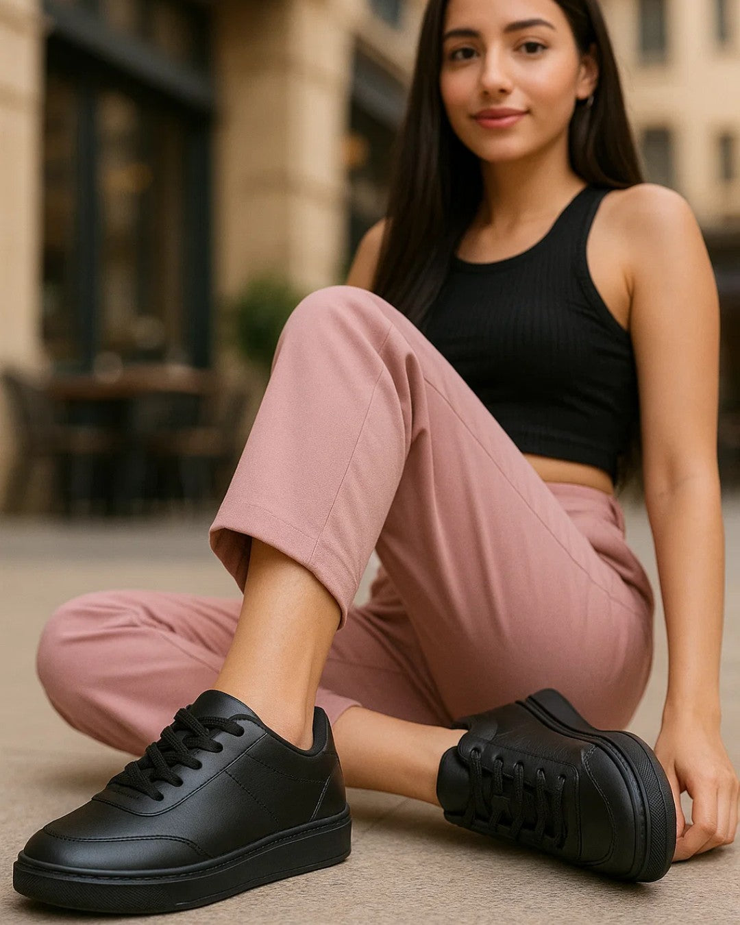 Woman wearing black sneakers, pink pants, and a black top sitting on the ground with a blurred background.