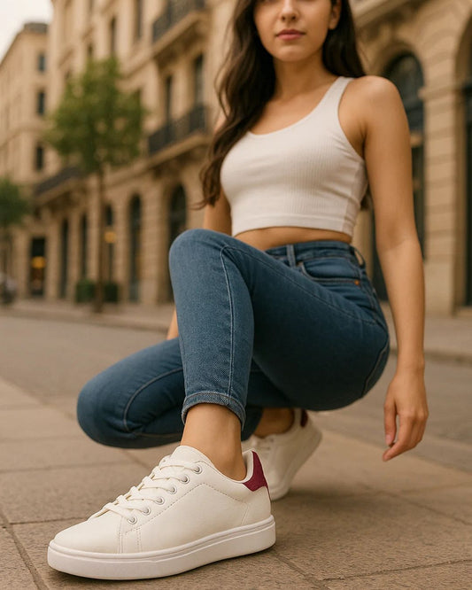 Woman wearing white sneakers and blue jeans sitting on a street corner.