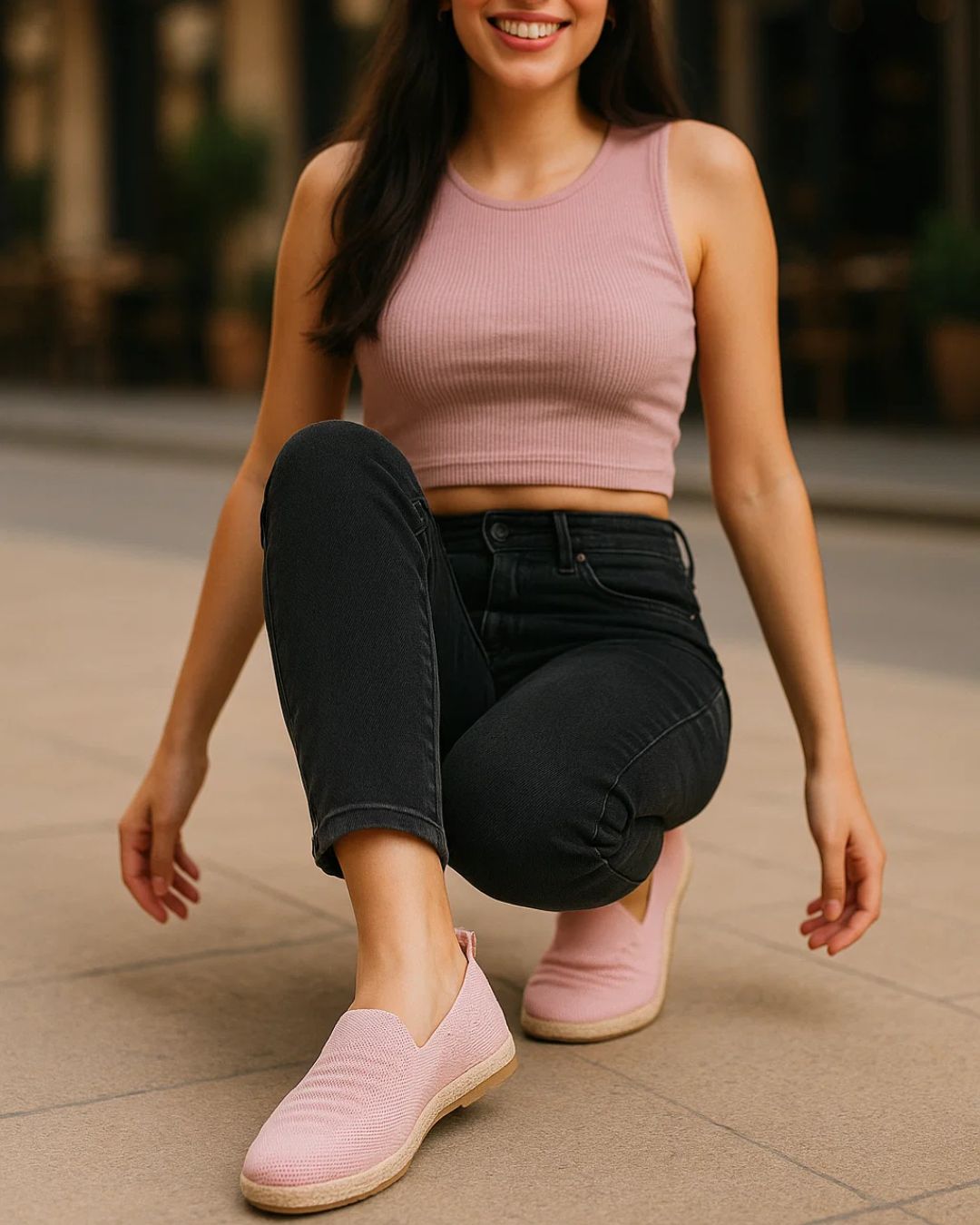 Woman wearing pink shoes and a matching top, sitting on a pavement.