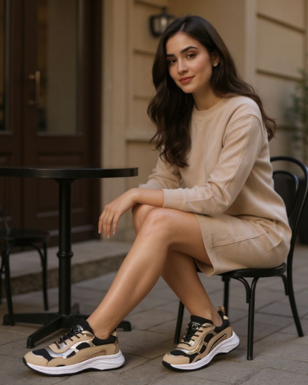 Woman sitting outdoors wearing a beige dress and sneakers.