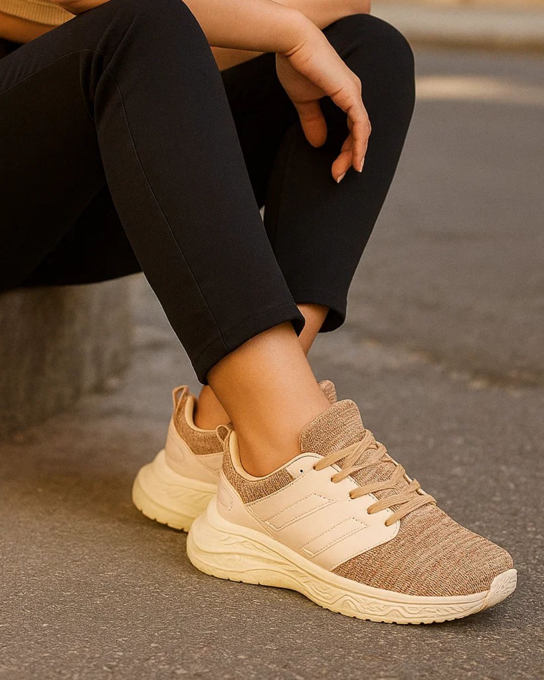Beige sneakers worn by a person sitting on a street.