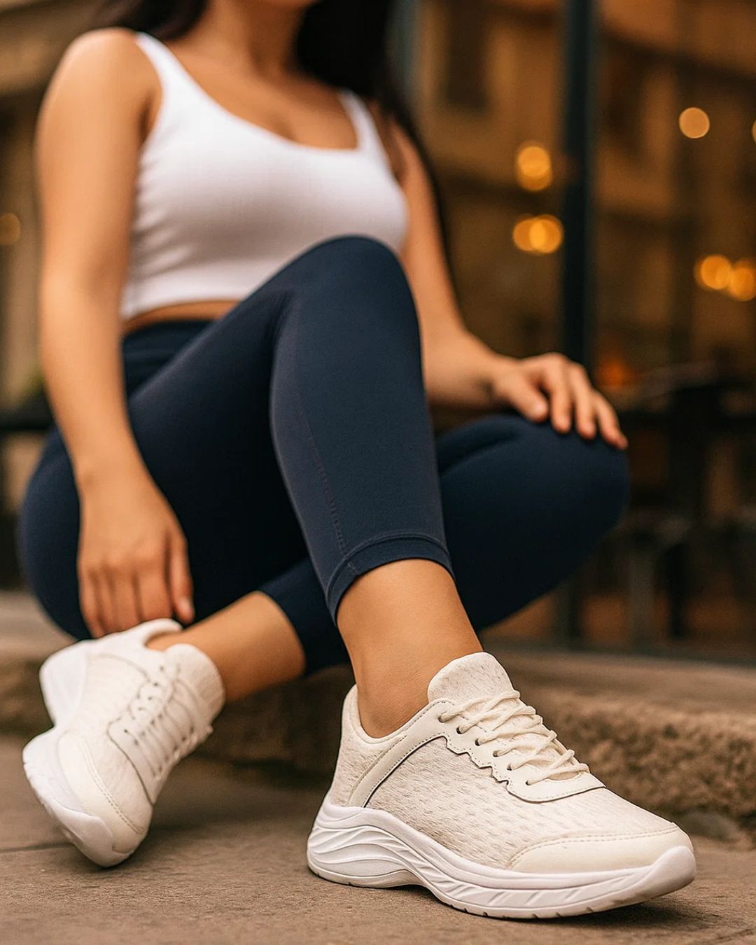 Person wearing white sneakers and dark leggings sitting on a stone surface.