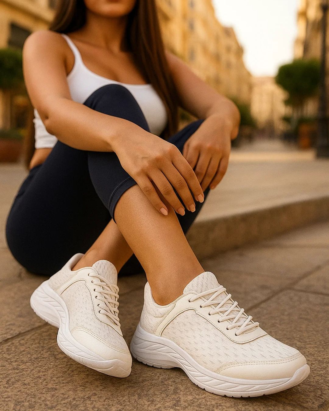 Person wearing white sneakers sitting on a street.