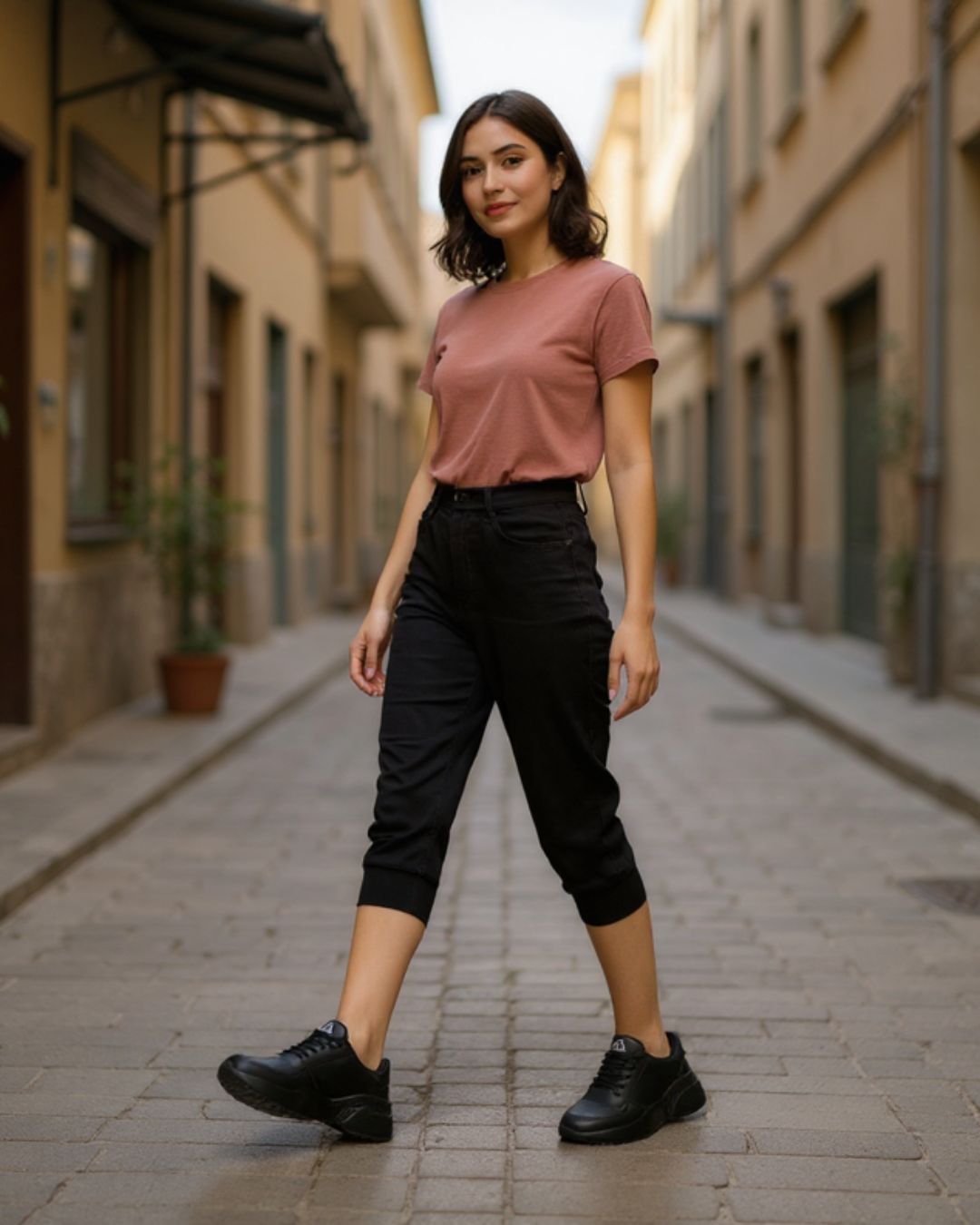 Woman in a pink shirt and black pants standing on a street.