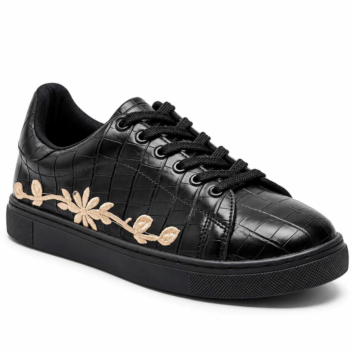 Women's Black Croc Embroidered Sneaker