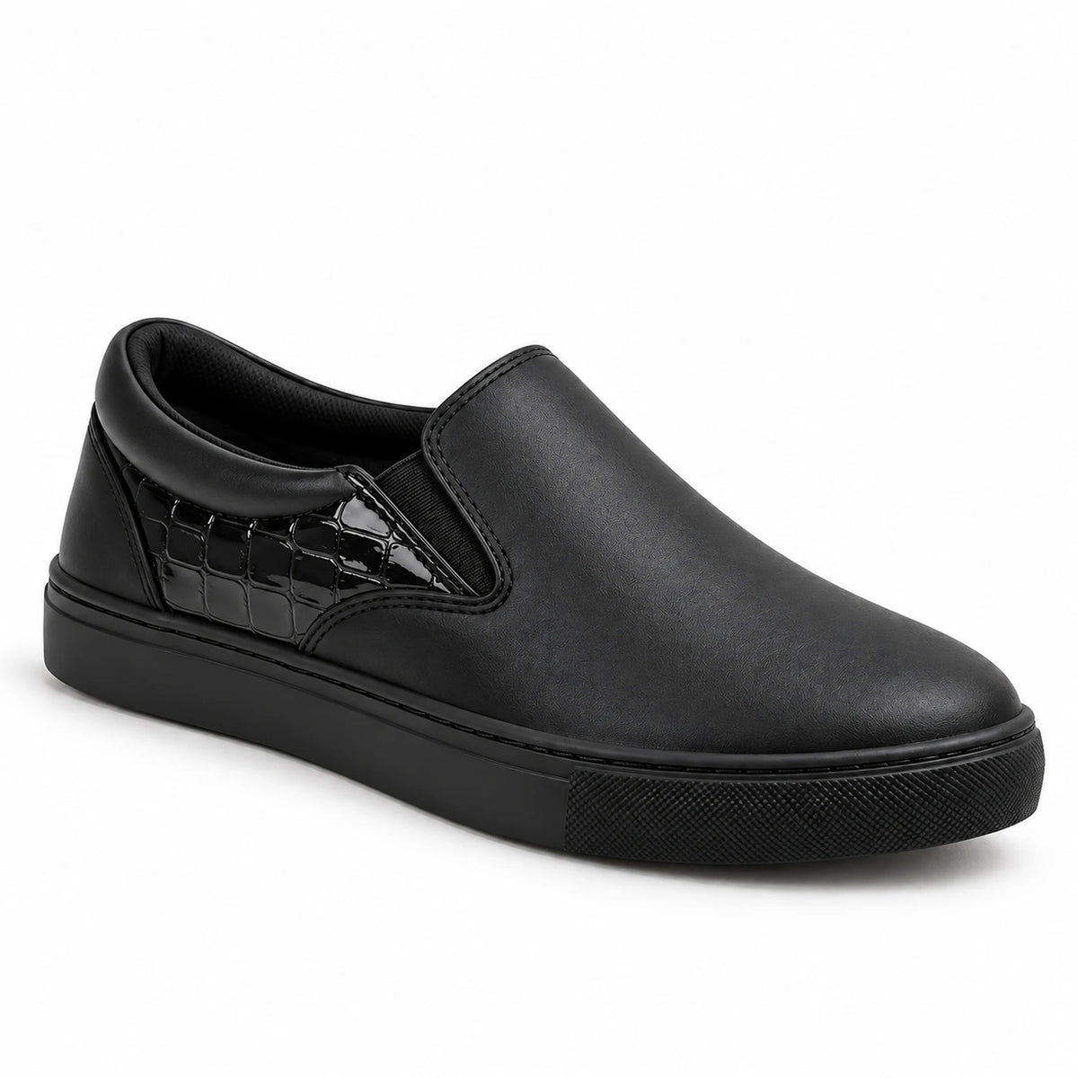 A black slip-on sneaker with a smooth faux-leather upper, a glossy crocodile-embossed side panel, and a thick black platform sole, shown on a white background.