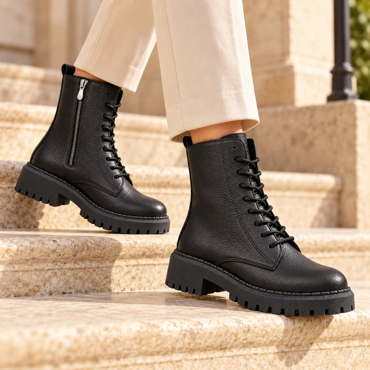 Women's Genuine Leather Combat Boot – Lace-Up, Side Zip & Lug Sole