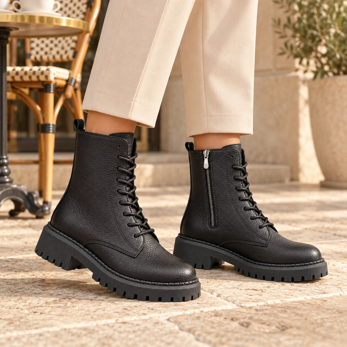 Women's Genuine Leather Combat Boot – Lace-Up, Side Zip & Lug Sole