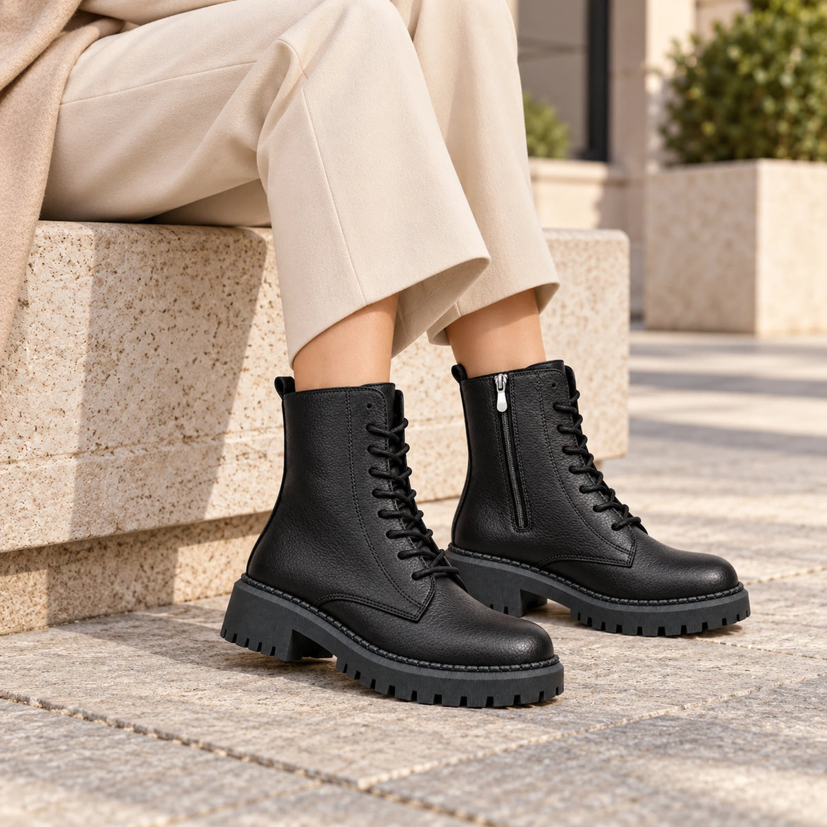 Women's Genuine Leather Combat Boot – Lace-Up, Side Zip & Lug Sole