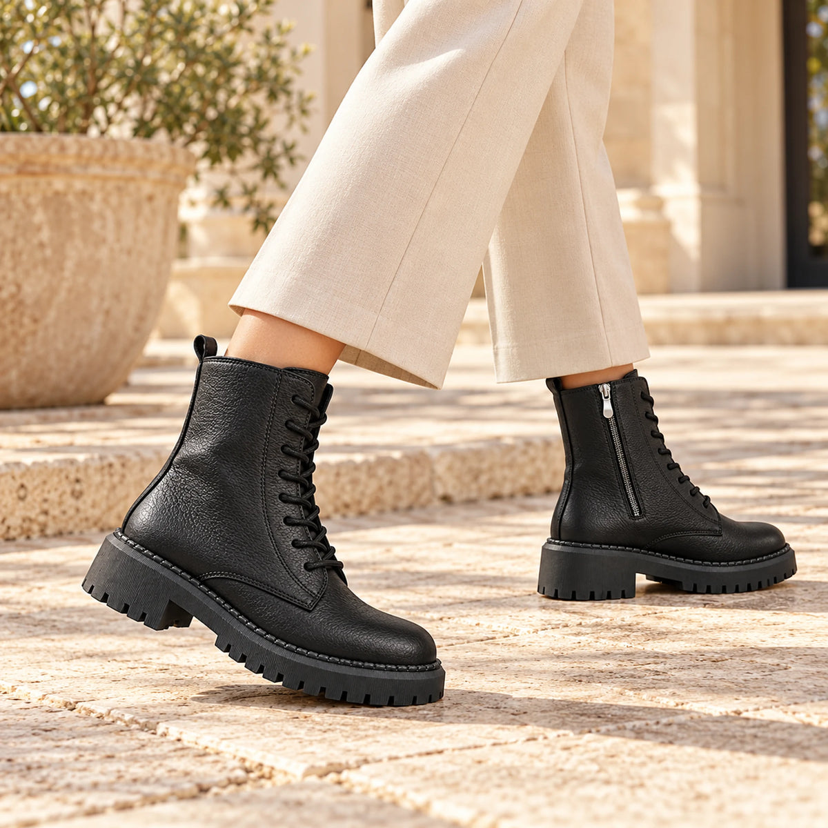 Women's Genuine Leather Combat Boot – Lace-Up, Side Zip & Lug Sole