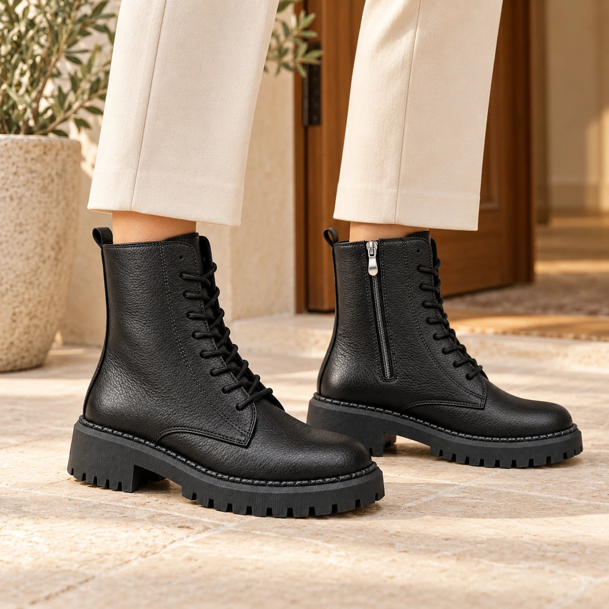 Women's Genuine Leather Combat Boot – Lace-Up, Side Zip & Lug Sole