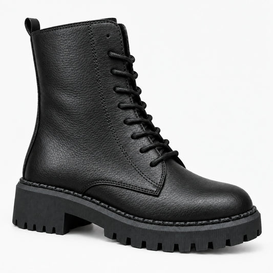 Women's Genuine Leather Combat Boot – Lace-Up, Side Zip & Lug Sole