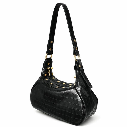 Black handbag with gold studs on a white background