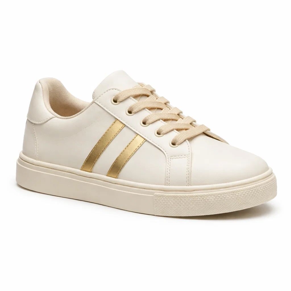 White sneaker with gold stripes on a white background