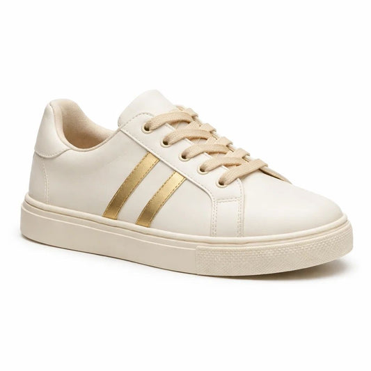 White sneaker with gold stripes on a white background