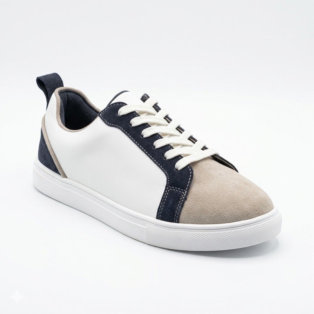 Navy and beige sneaker on a white background