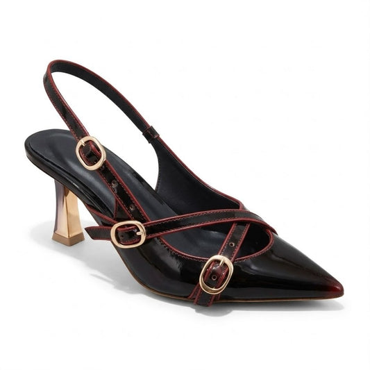 Black high-heeled shoe with gold buckles on a white background