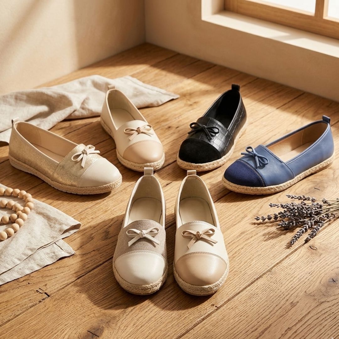 Four pairs of flat shoes in beige, black, and blue on a wooden floor.