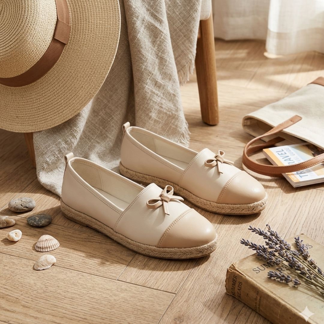 Pair of beige espadrilles on a wooden floor with a hat, bag, and book in the background.
