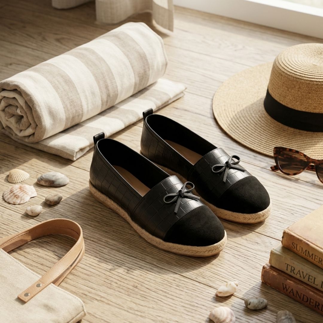 Black loafers on a wooden floor with a hat, sunglasses, and books in the background.