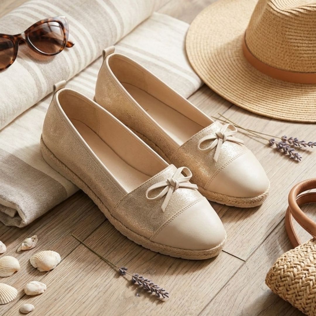 Beige espadrilles with a bow, straw hat, sunglasses, and seashells on a wooden surface.