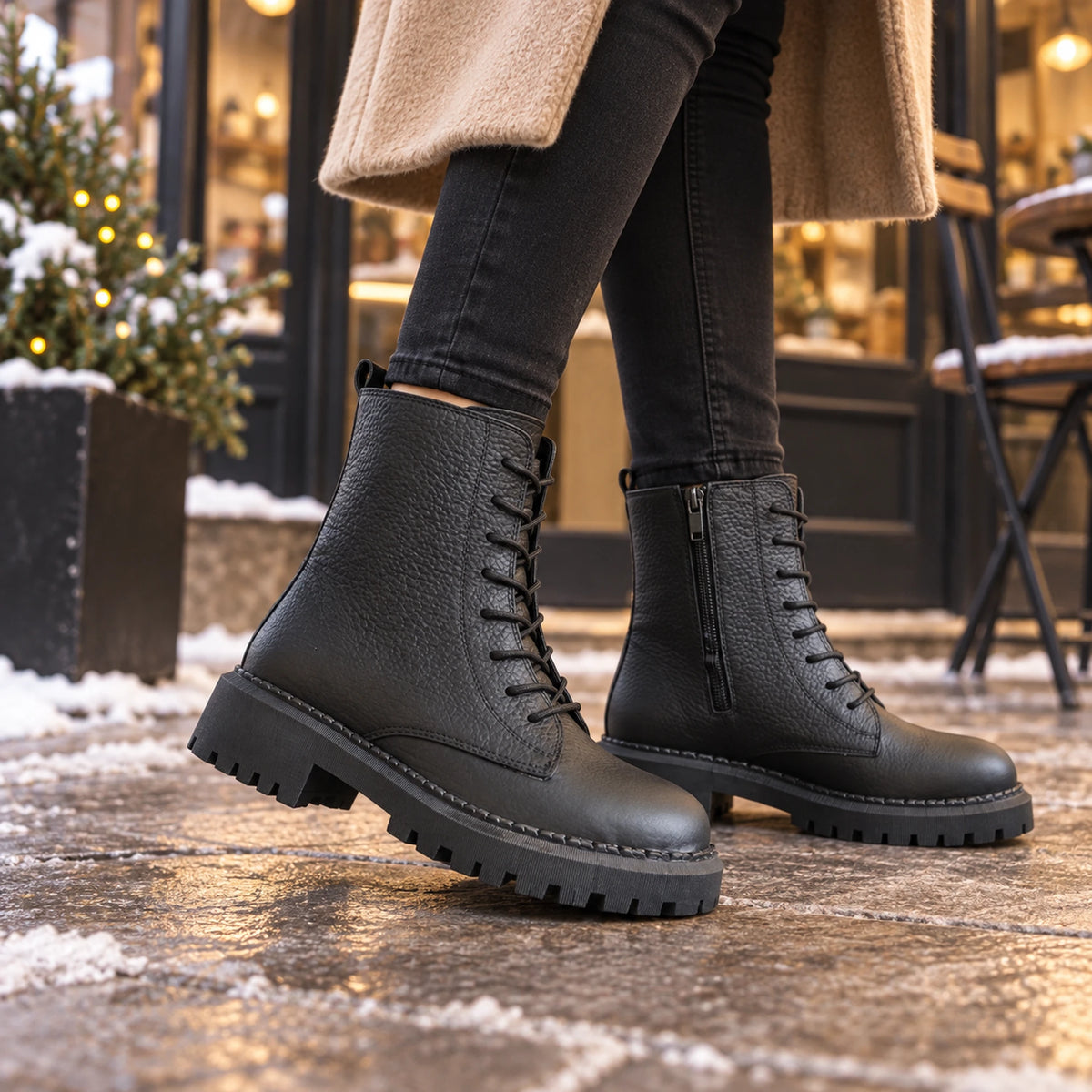 Women's Genuine Leather Combat Boot – Lace-Up, Side Zip & Lug Sole