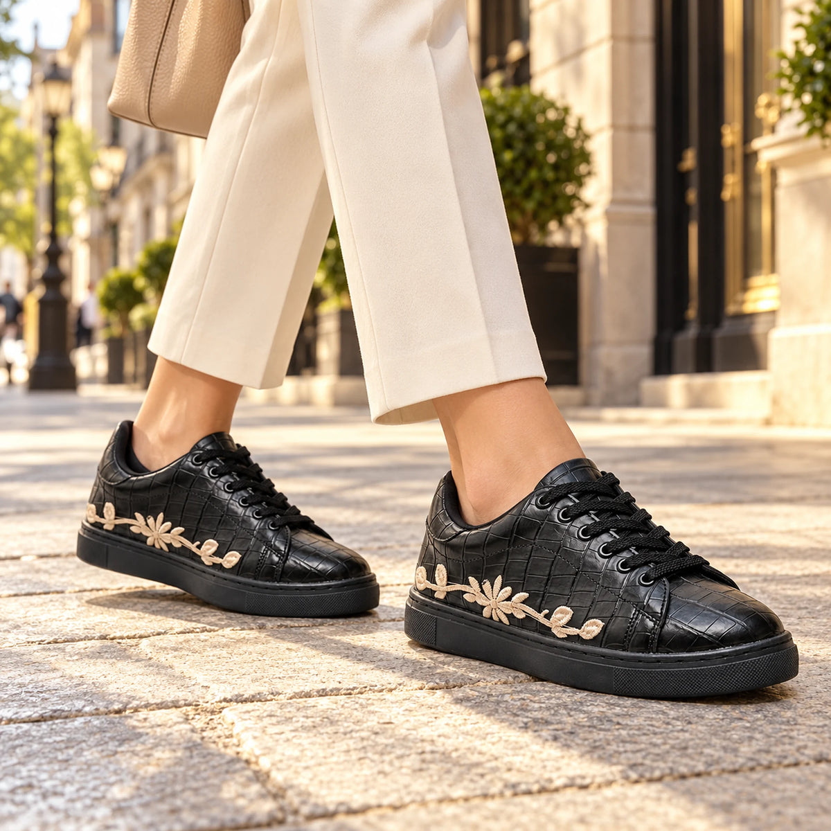Women's Black Croc Embroidered Sneaker