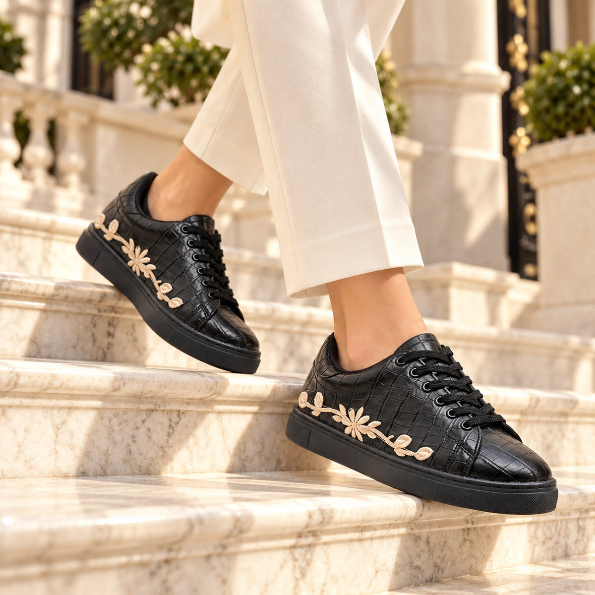 Women's Black Croc Embroidered Sneaker
