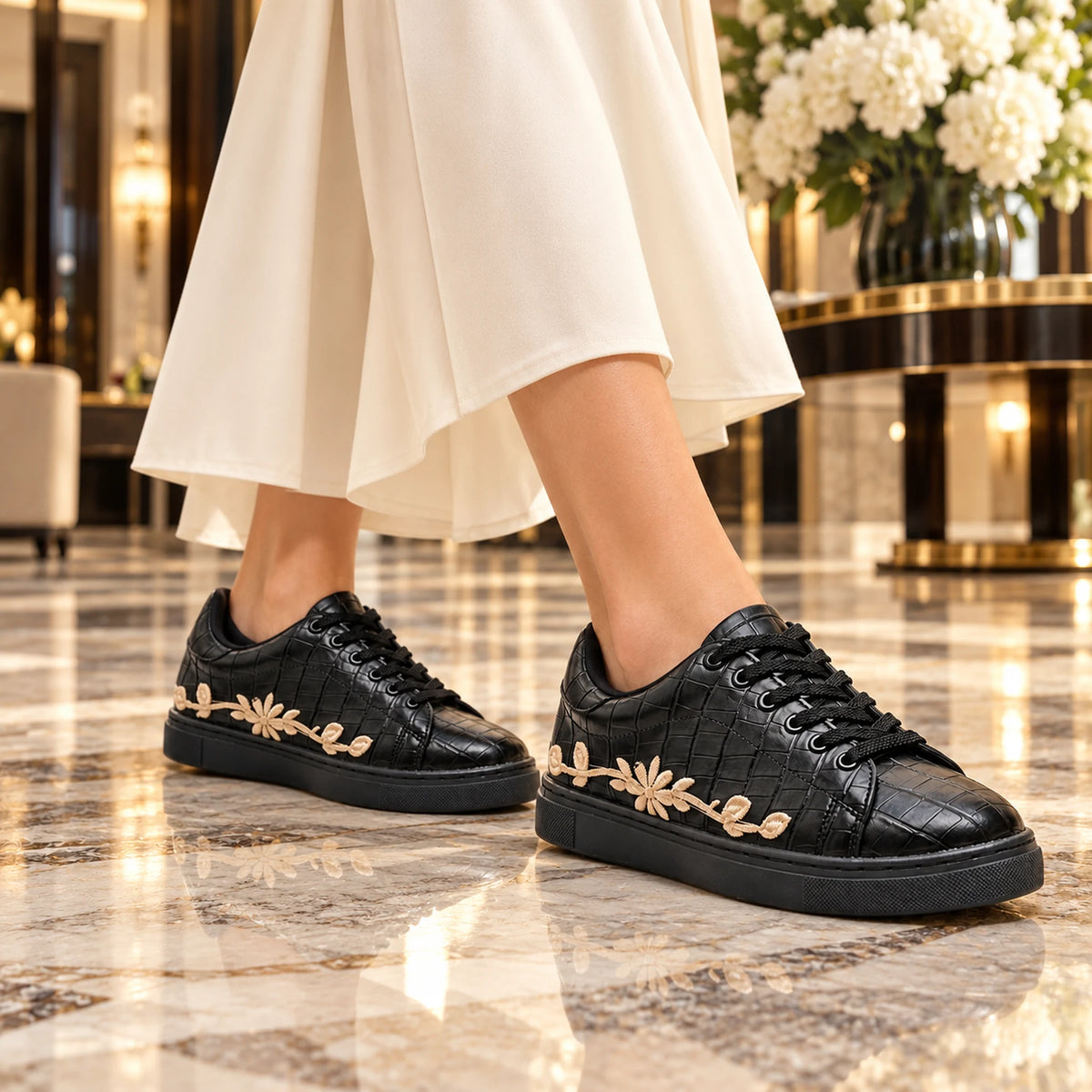 Women's Black Croc Embroidered Sneaker