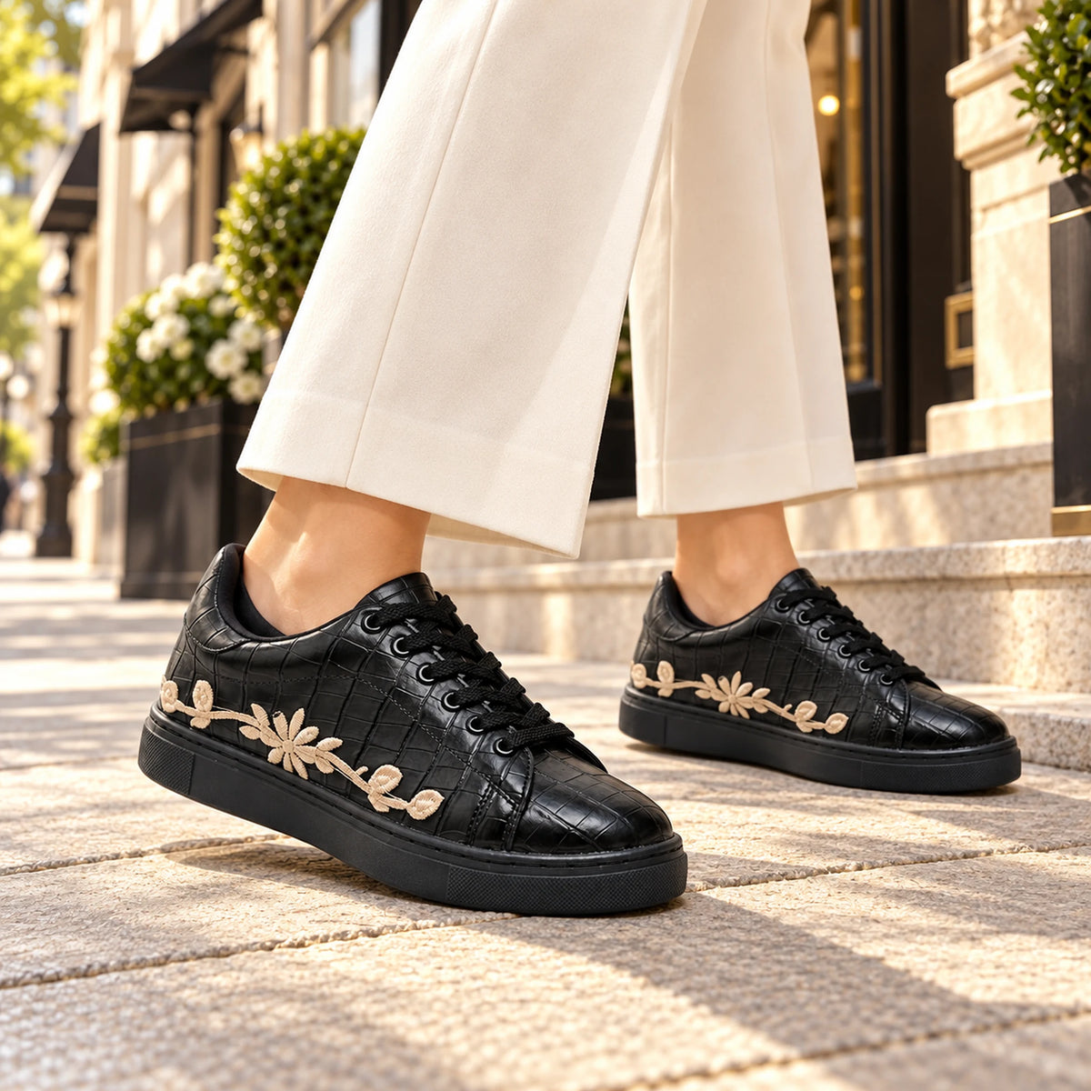 Women's Black Croc Embroidered Sneaker