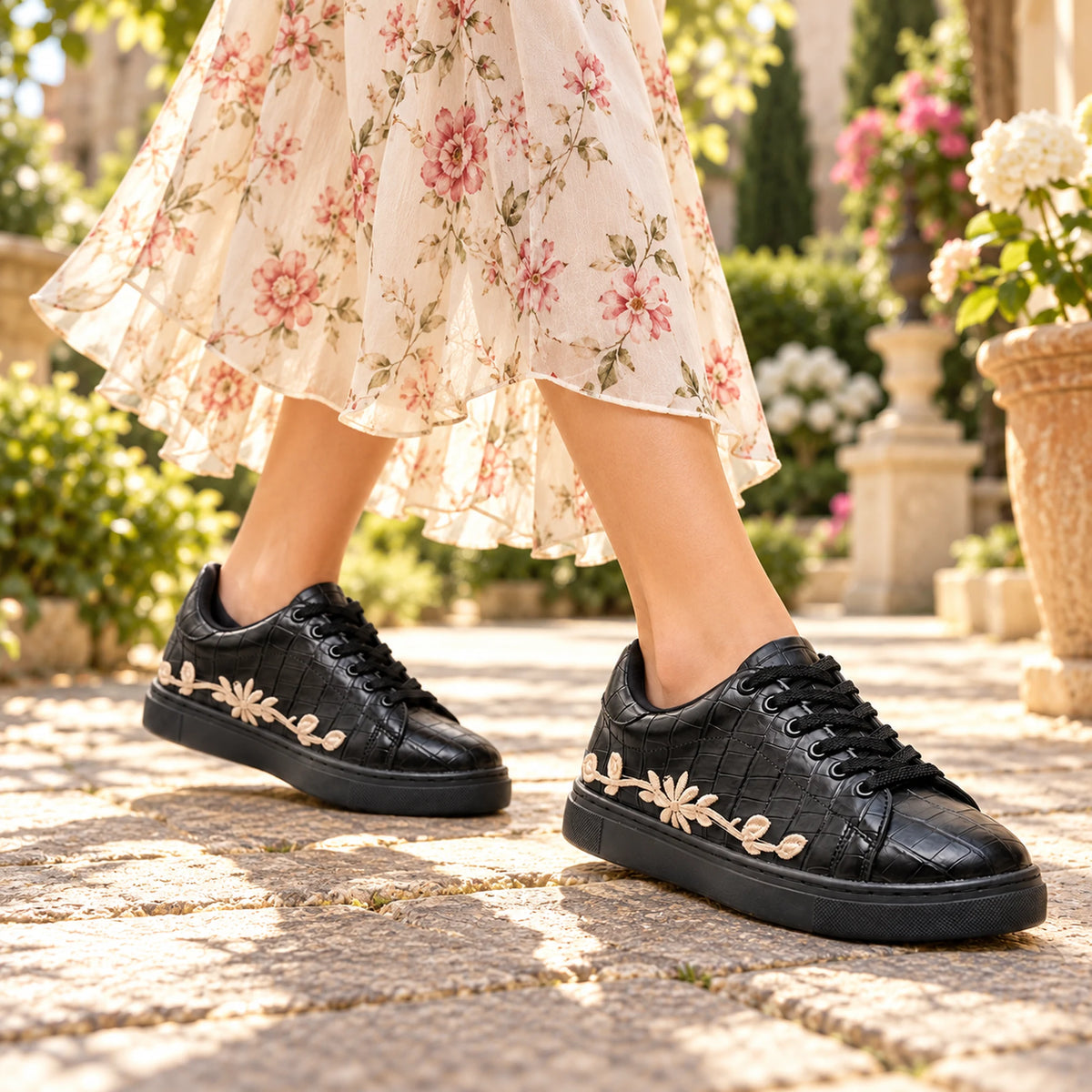 Women's Black Croc Embroidered Sneaker