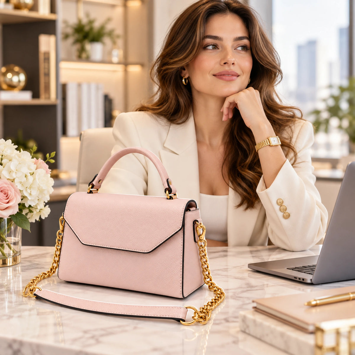 Genuine Leather Structured Handbag