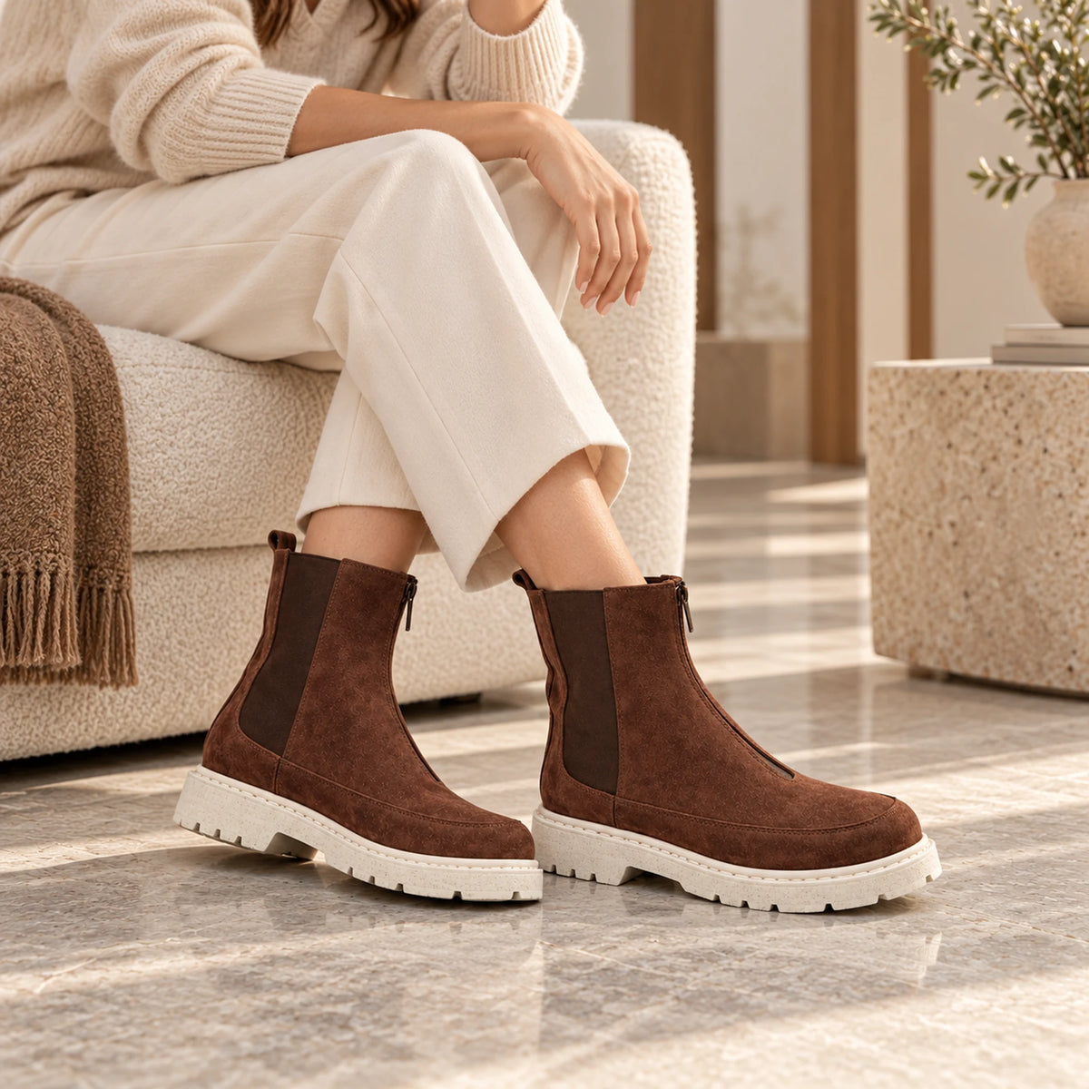 Brown leather women's boot lifestyle shot 4