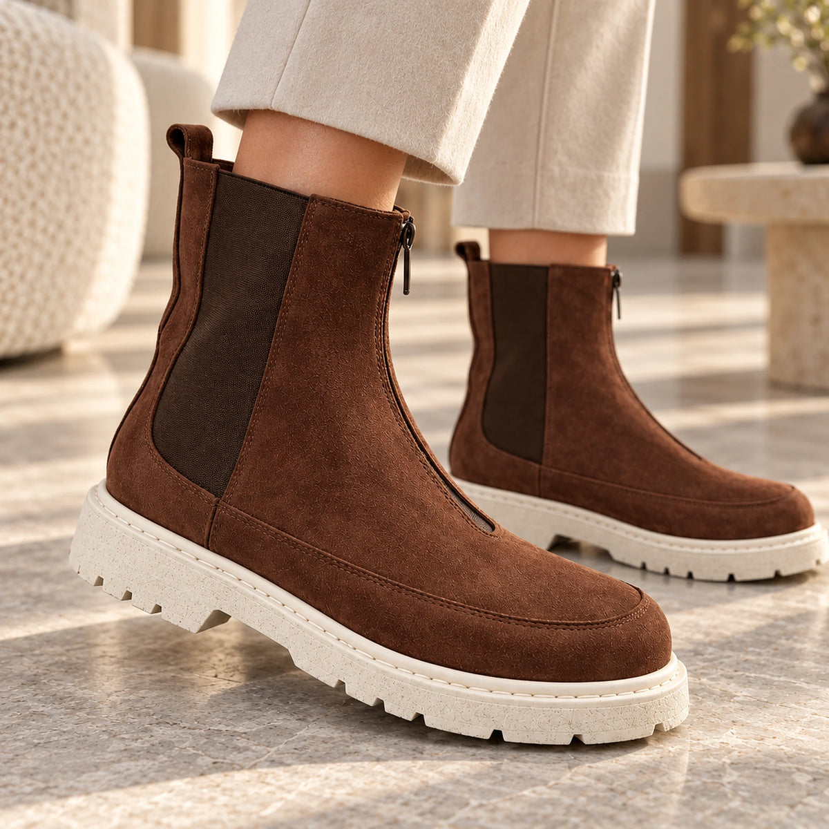 Brown leather women's boot lifestyle shot 1