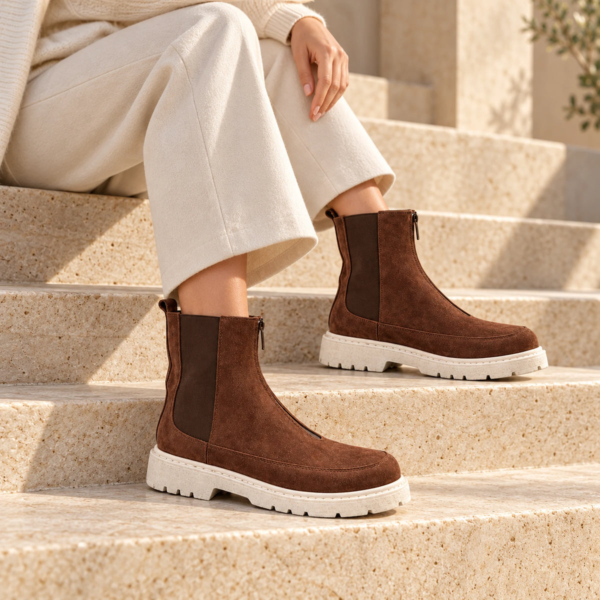 Brown leather women's boot lifestyle shot 2